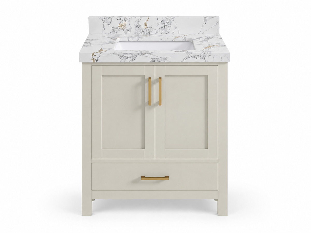 Malibu 30-inch Fine Grain Linen Beige single-sink vanity with Calacatta Poanazzo Quartz top on a white background; owner-approved product render.