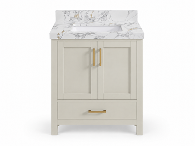 Malibu 30-inch Fine Grain Linen Beige single-sink vanity with Calacatta Poanazzo Quartz top on a white background; owner-approved product render.