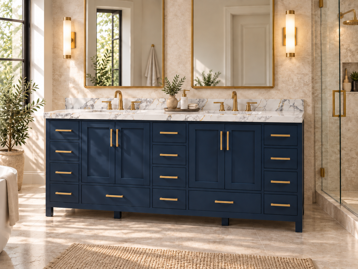 Malibu 84-inch Navy Blue double-sink vanity with Calacatta Poanazzo Quartz top in a sunlit bathroom; owner-approved lifestyle render.