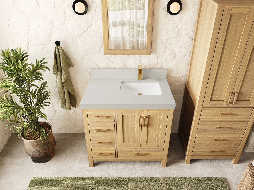Malibu White Oak 36 in. W x 22 in. D Right Offset Sink Bathroom Vanity