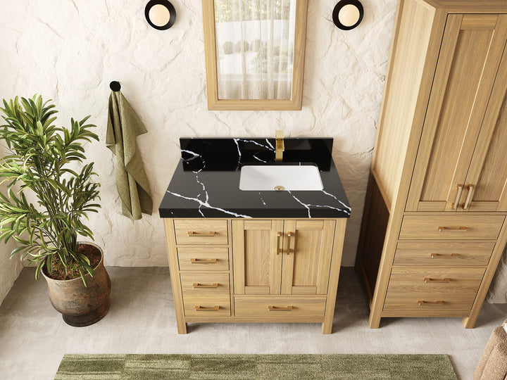 Malibu White Oak 36 in. W x 22 in. D Right Offset Sink Bathroom Vanity - photo 9
