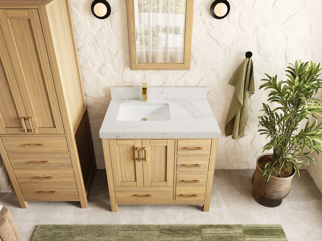 Malibu White Oak 36 in. W x 22 in. D Left Offset Sink Bathroom Vanity