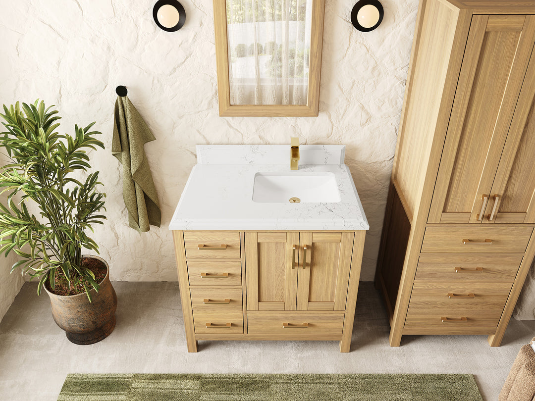 Malibu White Oak 36 in. W x 22 in. D Right Offset Sink Bathroom Vanity