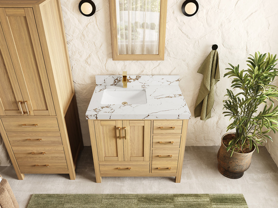 Malibu White Oak 36 in. W x 22 in. D Left Offset Sink Bathroom Vanity