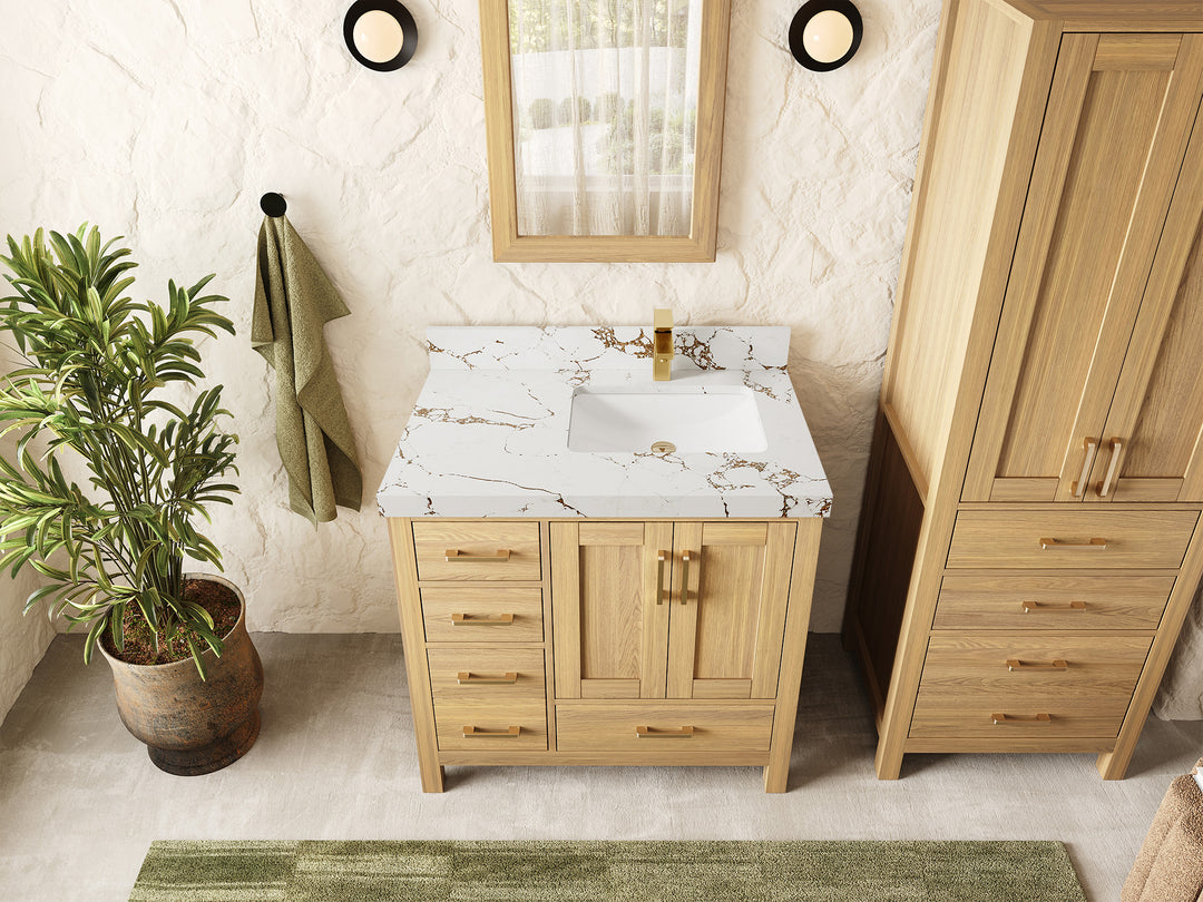 Malibu White Oak 36 in. W x 22 in. D Right Offset Sink Bathroom Vanity
