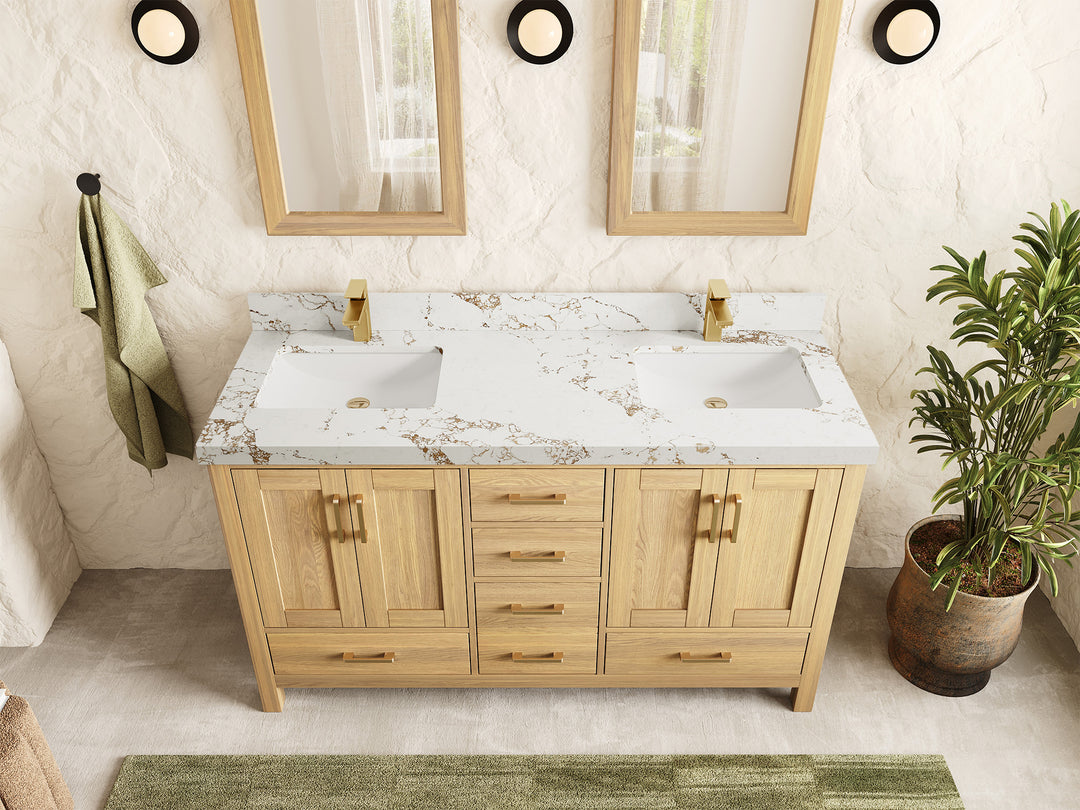 Malibu White Oak 60 in. W x 22 in. D Double Sink Bathroom Vanity