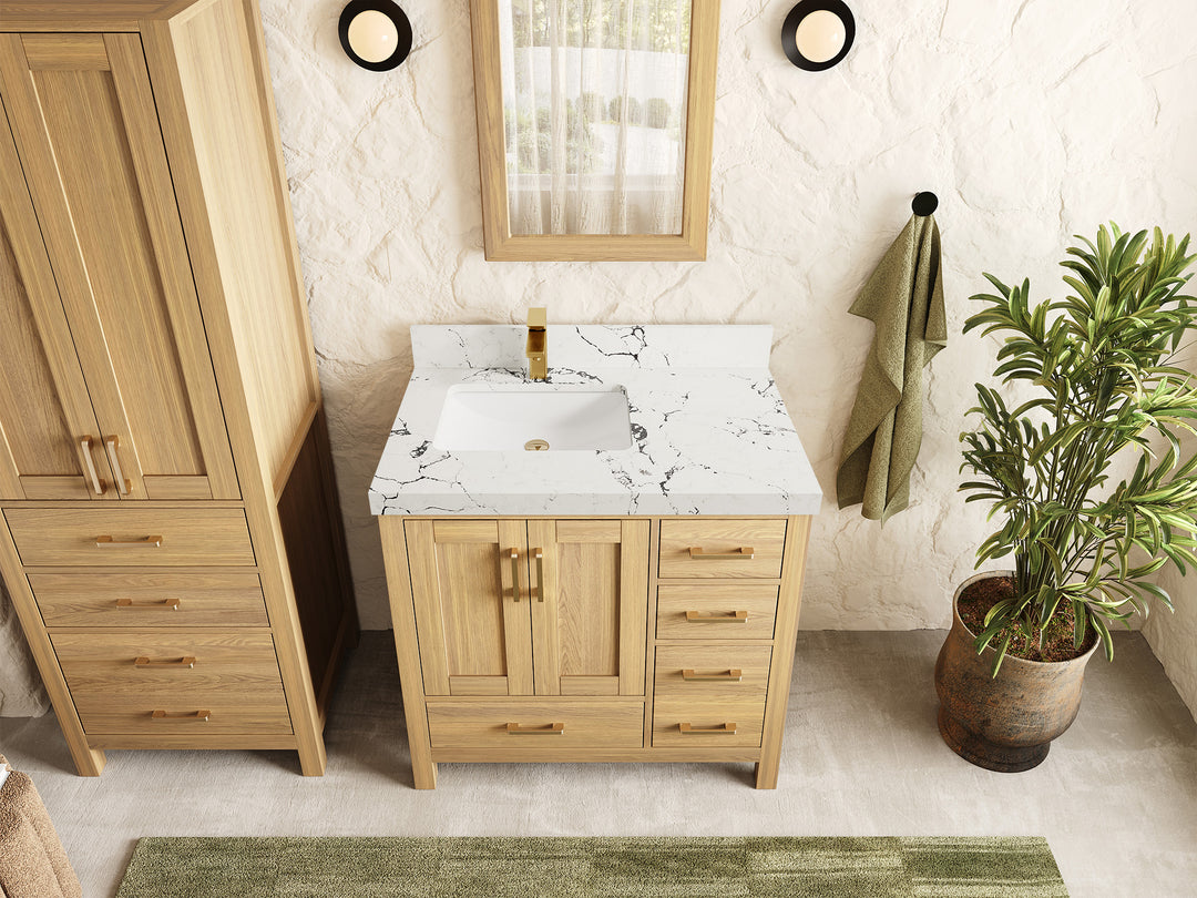 Malibu White Oak 36 in. W x 22 in. D Left Offset Sink Bathroom Vanity