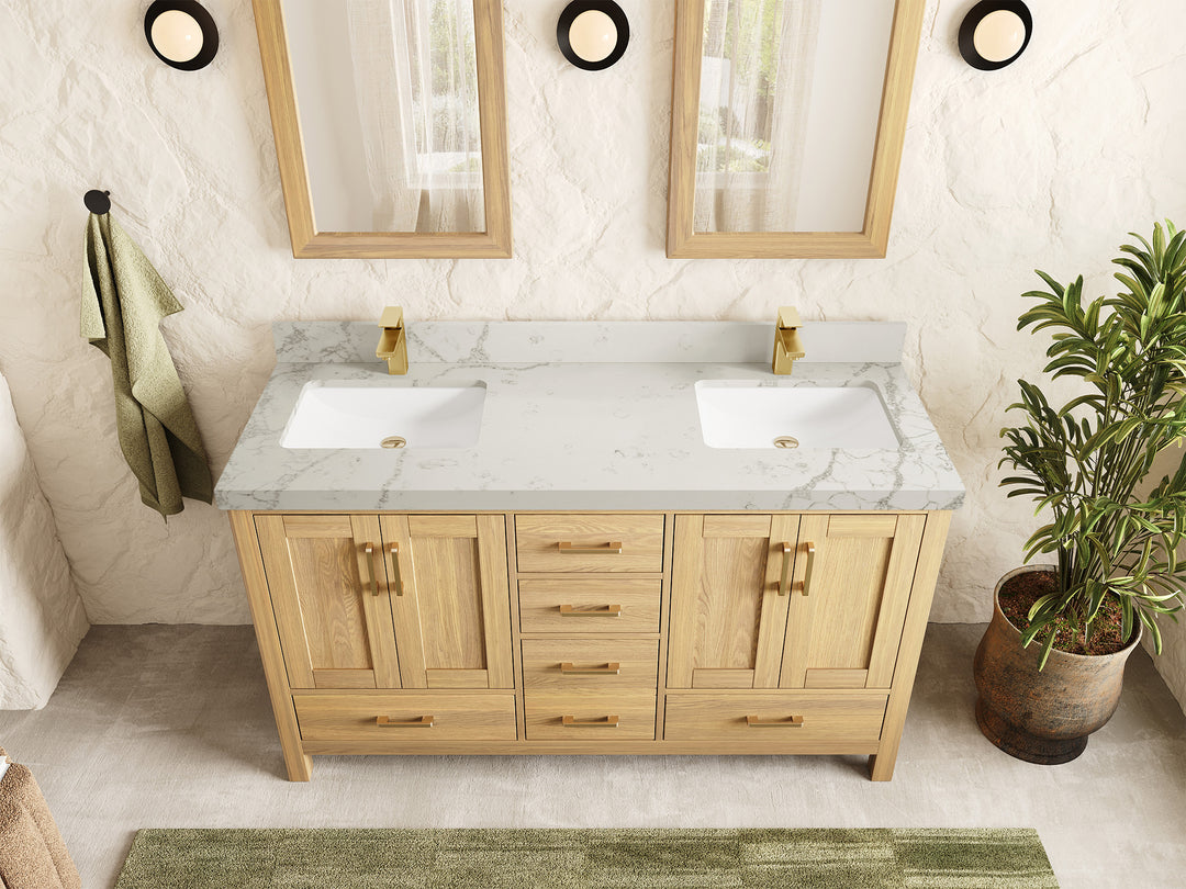 Malibu White Oak 60 in. W x 22 in. D Double Sink Bathroom Vanity