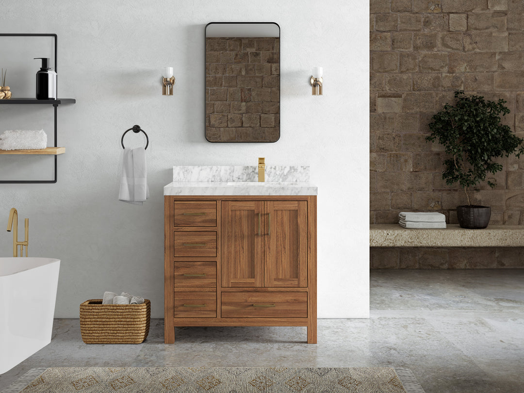 Malibu Teak Wood 36 in. W x 22 in. D Right Offset Sink Bathroom Vanity