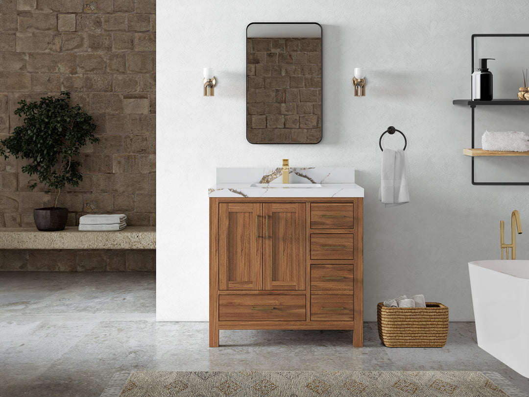 Malibu Teak Wood 36 in. W x 22 in. D Center Sink Bathroom Vanity