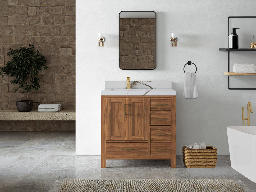 Malibu Teak Wood 36 in. W x 22 in. D Left Offset Sink Bathroom Vanity