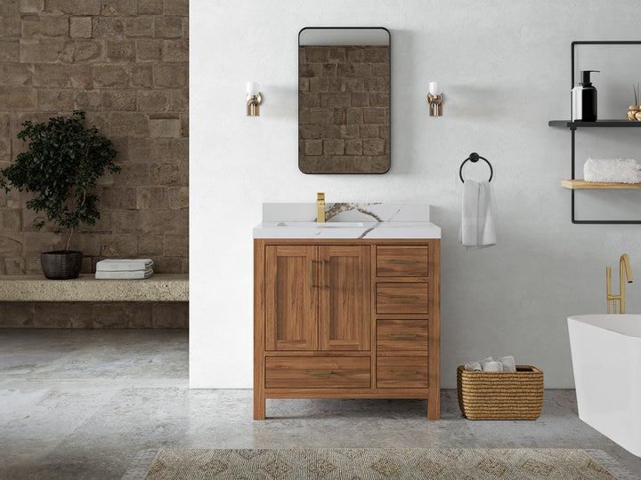 Malibu Teak Wood 36 in. W x 22 in. D Left Offset Sink Bathroom Vanity - photo 19