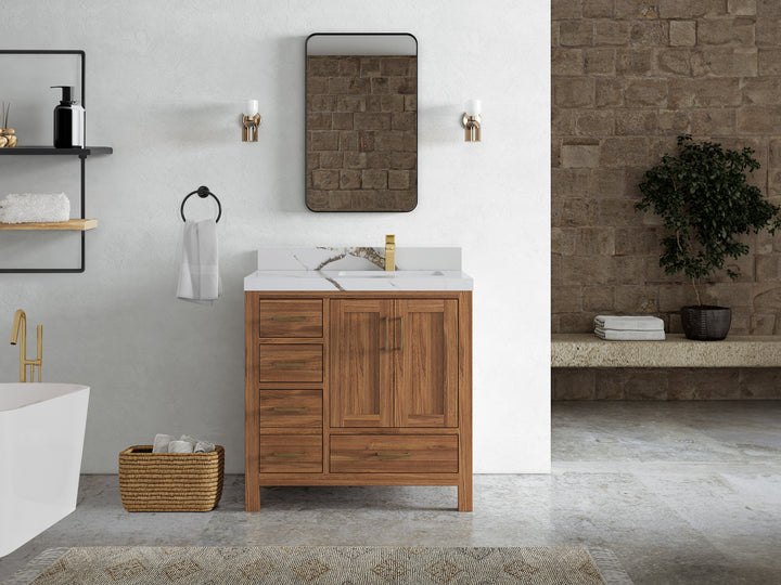 Malibu Teak Wood 36 in. W x 22 in. D Right Offset Sink Bathroom Vanity - photo 19
