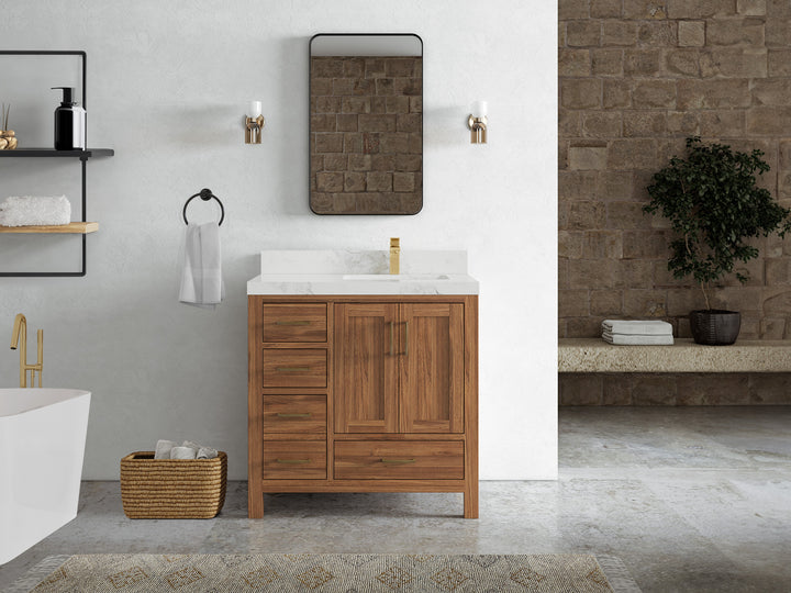 Malibu Teak Wood 36 in. W x 22 in. D Right Offset Sink Bathroom Vanity - photo 23