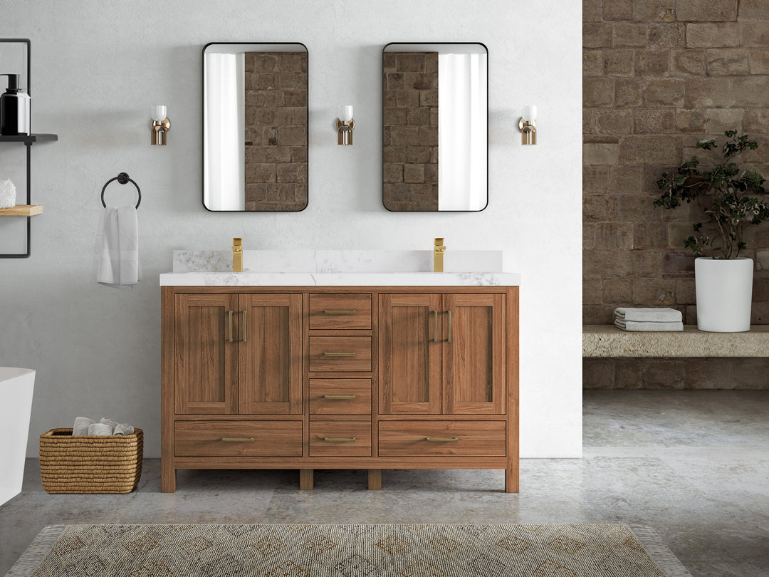 Malibu Teak Wood 60 in. W x 22 in. D Double Sink Bathroom Vanity