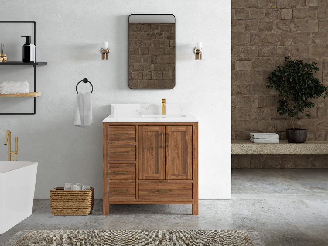 Malibu Teak Wood 36 in. W x 22 in. D Right Offset Sink Bathroom Vanity