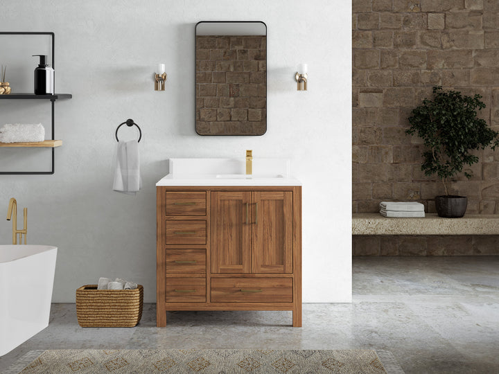 Malibu Teak Wood 36 in. W x 22 in. D Right Offset Sink Bathroom Vanity - photo 35