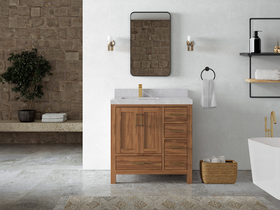 Malibu Teak Wood 36 in. W x 22 in. D Left Offset Sink Bathroom Vanity