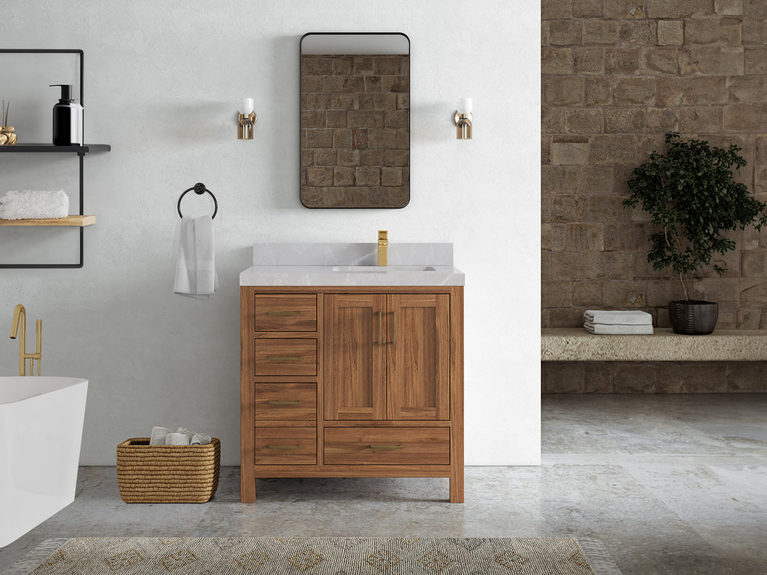 Malibu Teak Wood 36 in. W x 22 in. D Right Offset Sink Bathroom Vanity