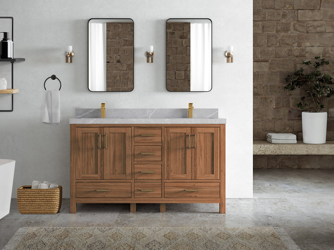 Malibu Teak Wood 60 in. W x 22 in. D Double Sink Bathroom Vanity