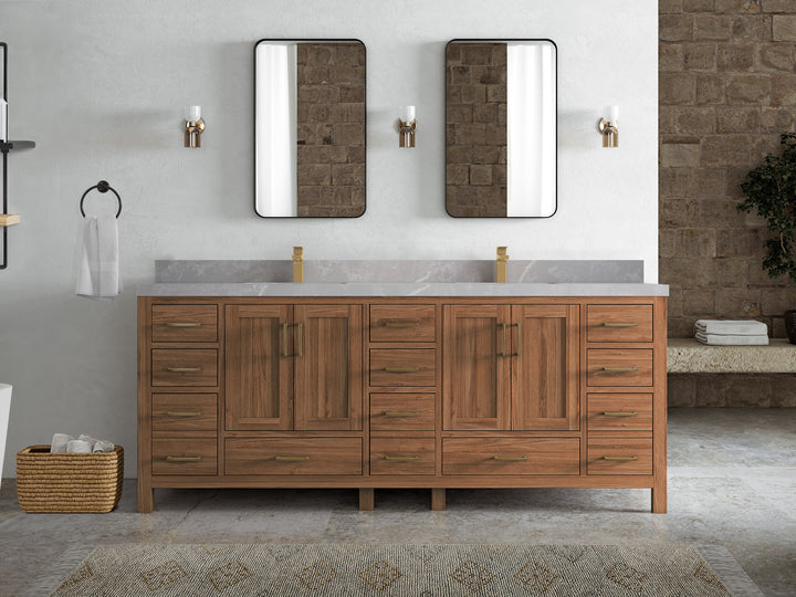 Malibu Teak Wood 84 in. W x 22 in. D Double Sink Bathroom Vanity - photo 36