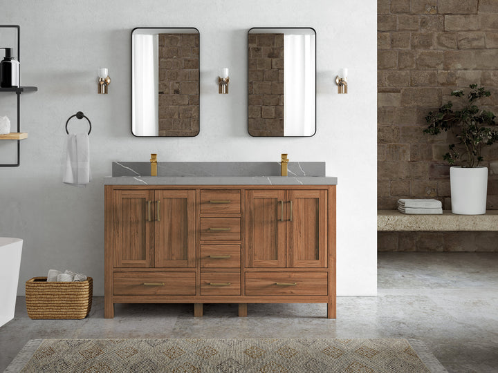 Malibu Teak Wood 60 in. W x 22 in. D Double Sink Bathroom Vanity - photo 41