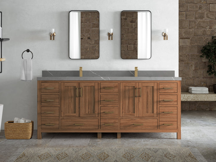 Malibu Teak Wood 84 in. W x 22 in. D Double Sink Bathroom Vanity - photo 38