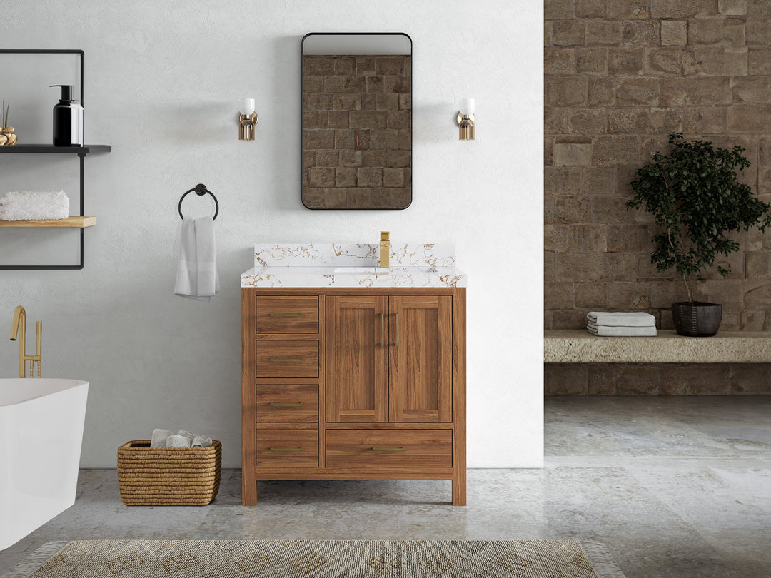 Malibu Teak Wood 36 in. W x 22 in. D Right Offset Sink Bathroom Vanity