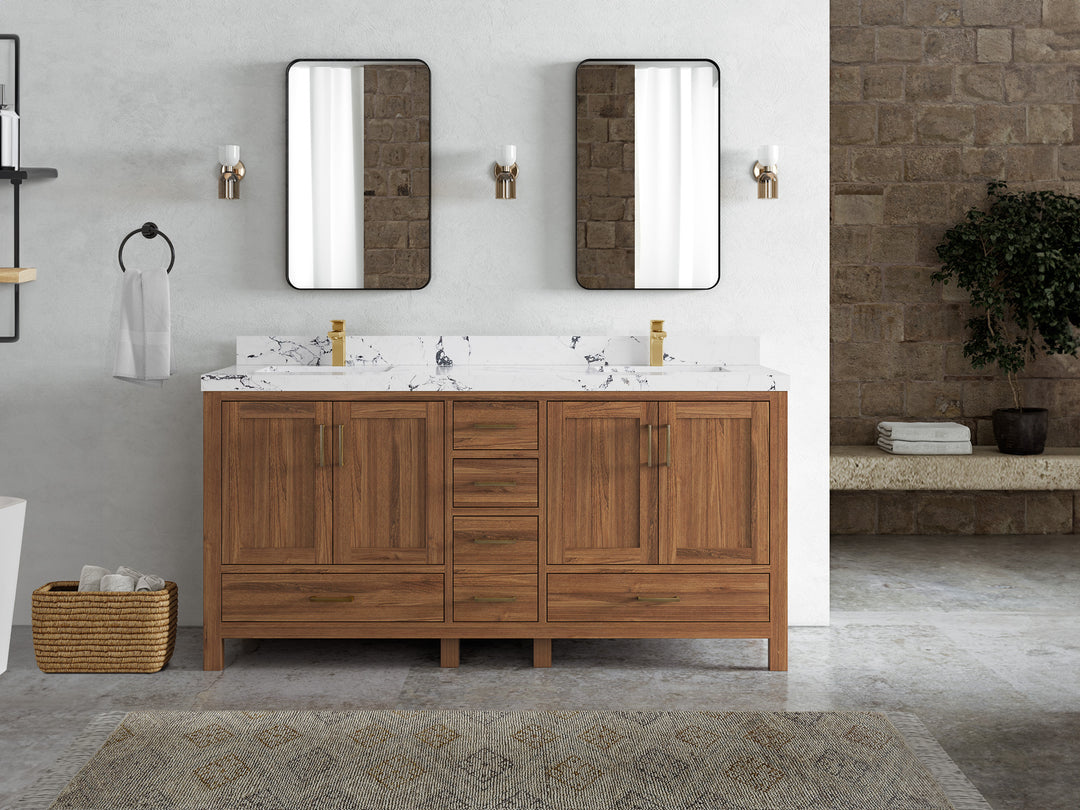Malibu Teak Wood 72 in. W x 22 in. D Double Sink Bathroom Vanity