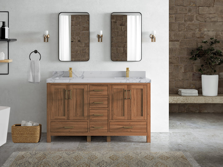 Malibu Teak Wood 60 in. W x 22 in. D Double Sink Bathroom Vanity - photo 49