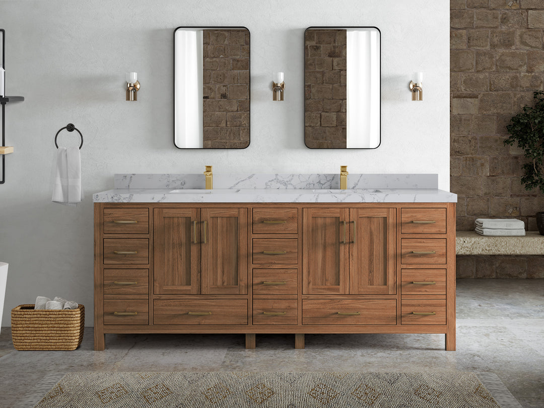 Malibu Teak Wood 84 in. W x 22 in. D Double Sink Bathroom Vanity
