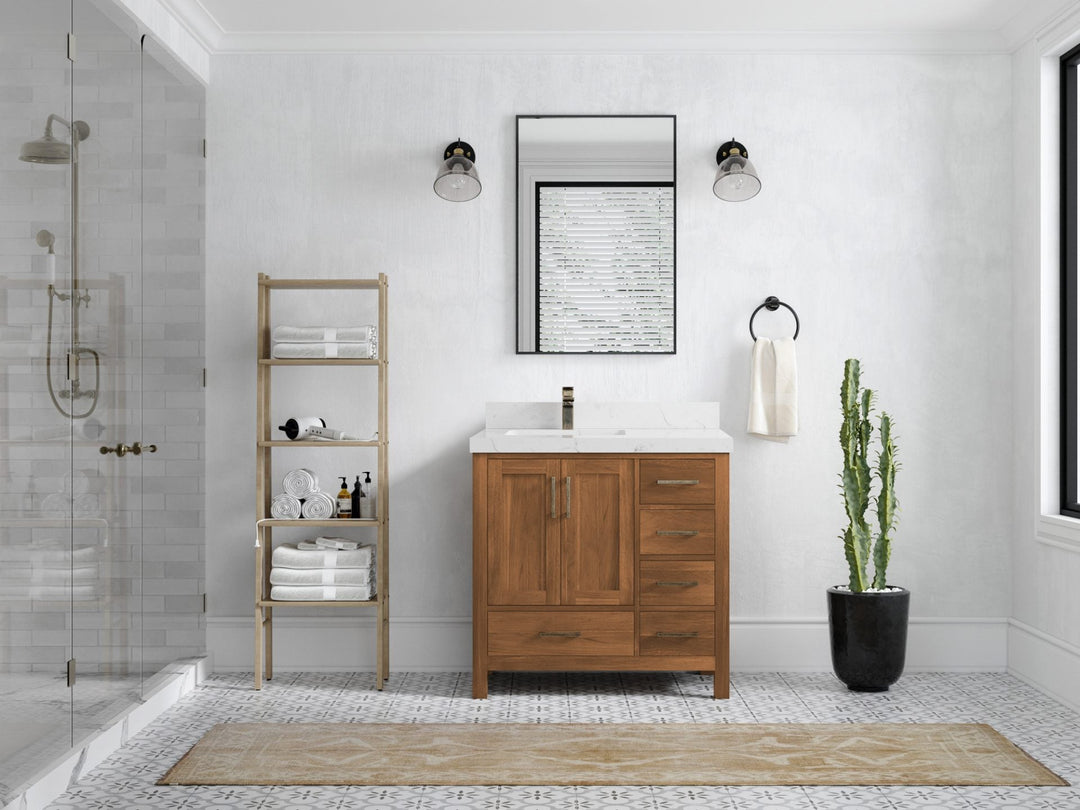 Malibu Teak Wood 36 in. W x 22 in. D Left Offset Sink Bathroom Vanity