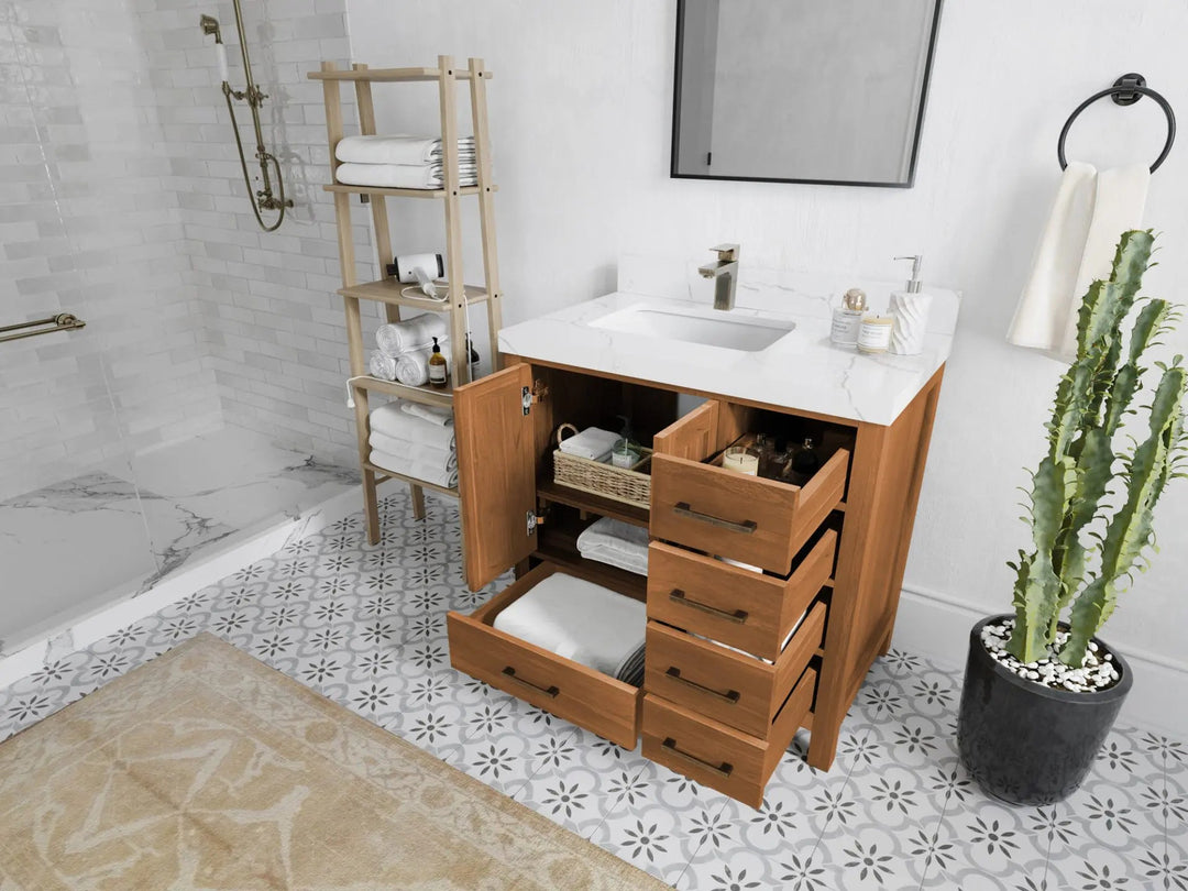 Malibu Teak Wood 36 in. W x 22 in. D Left Offset Sink Bathroom Vanity