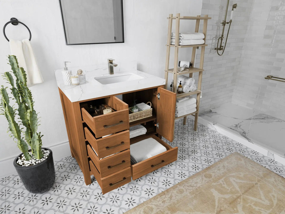 Malibu Teak Wood 36 in. W x 22 in. D Right Offset Sink Bathroom Vanity