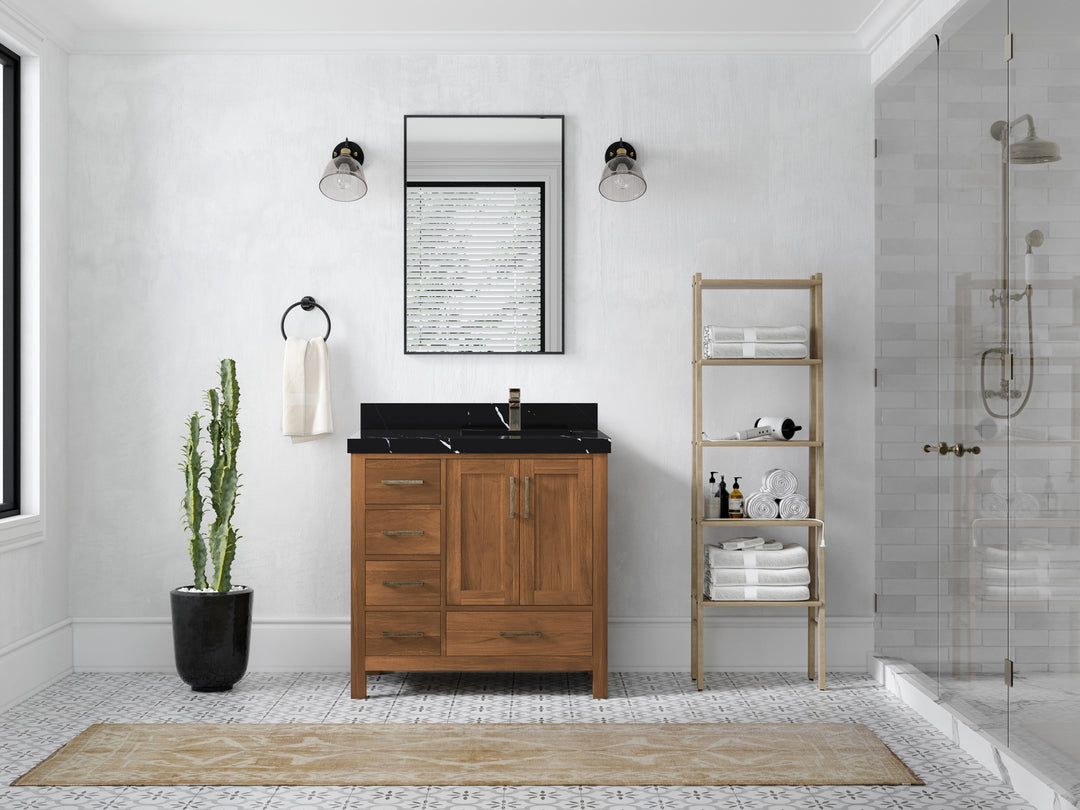 Malibu Teak Wood 36 in. W x 22 in. D Right Offset Sink Bathroom Vanity