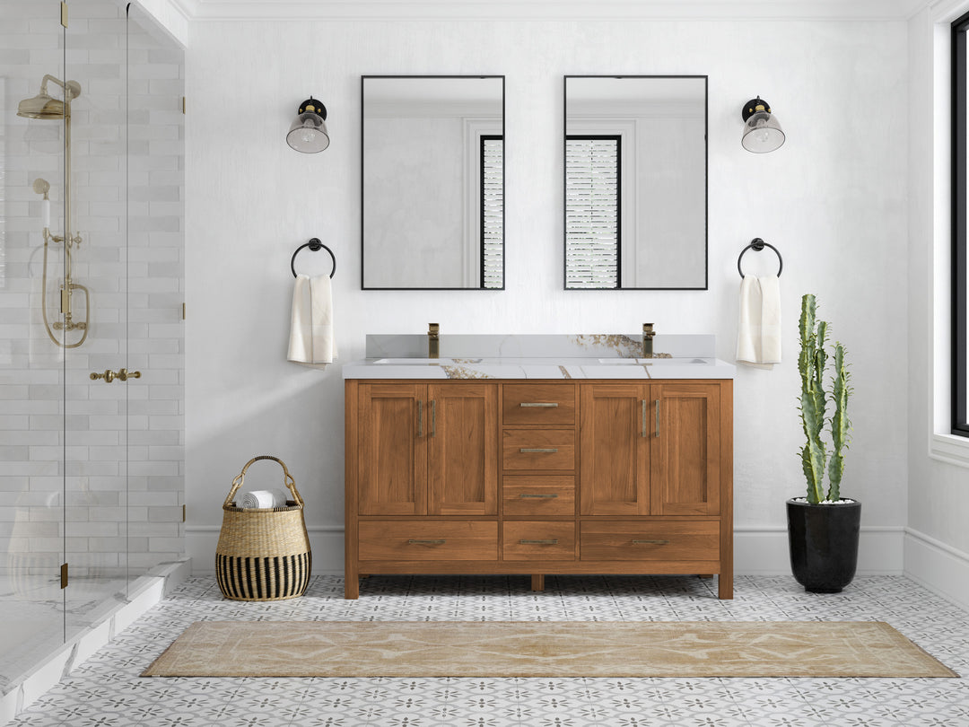 Malibu Teak Wood 60 in. W x 22 in. D Double Sink Bathroom Vanity