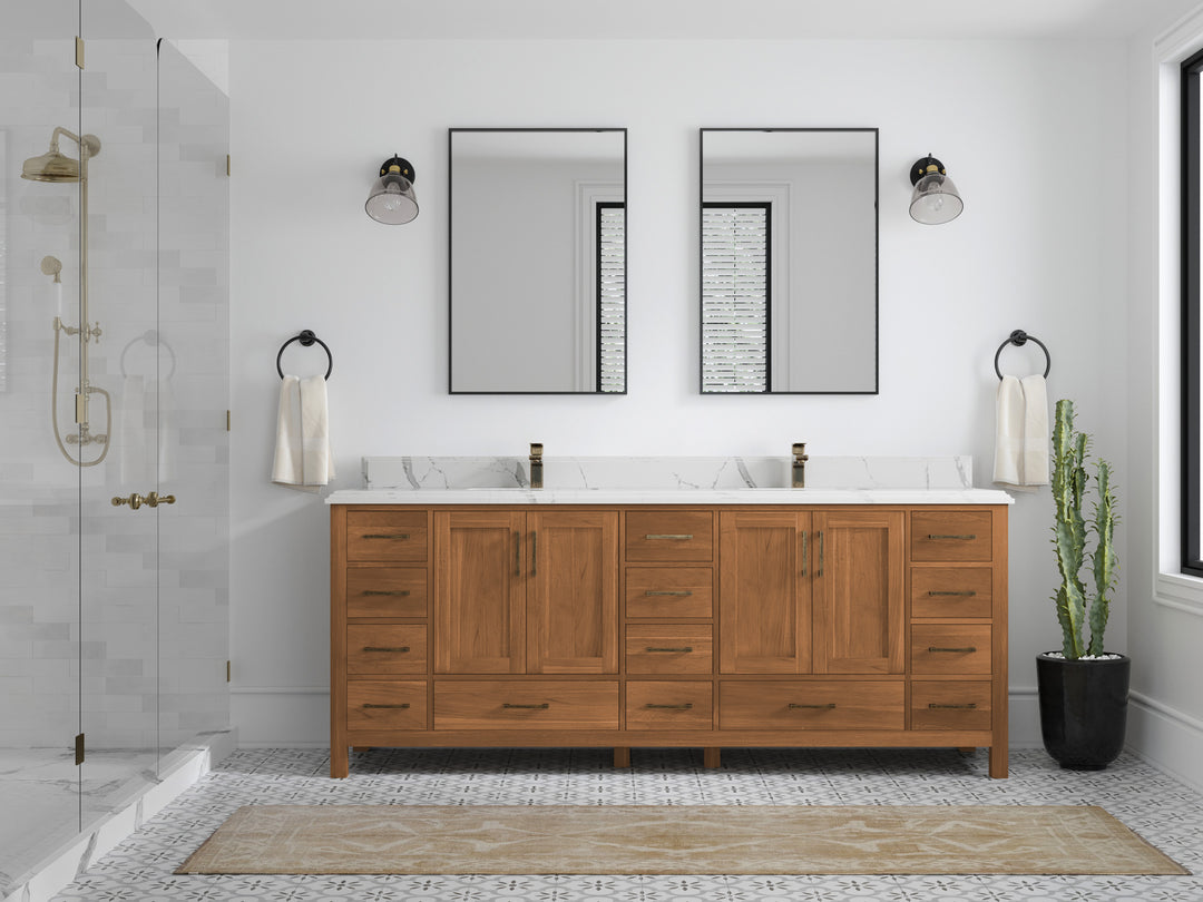 Malibu Teak Wood 84 in. W x 22 in. D Double Sink Bathroom Vanity