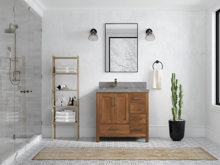 Malibu Teak Wood 36 in. W x 22 in. D Left Offset Sink Bathroom Vanity - photo 46