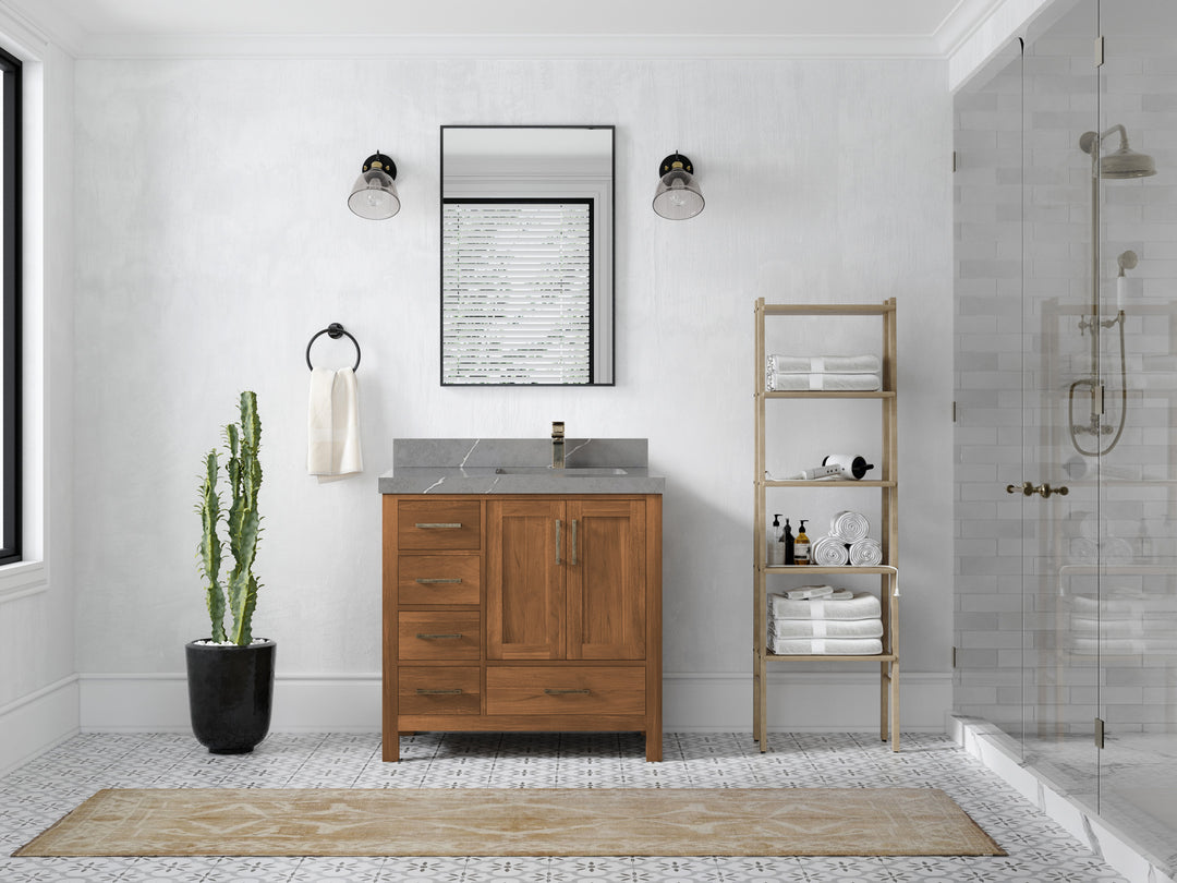 Malibu Teak Wood 36 in. W x 22 in. D Right Offset Sink Bathroom Vanity