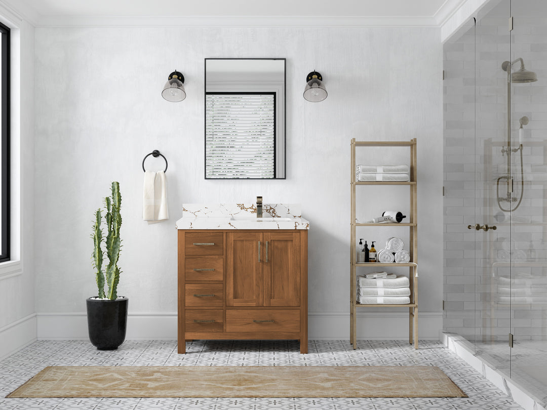 Malibu Teak Wood 36 in. W x 22 in. D Right Offset Sink Bathroom Vanity