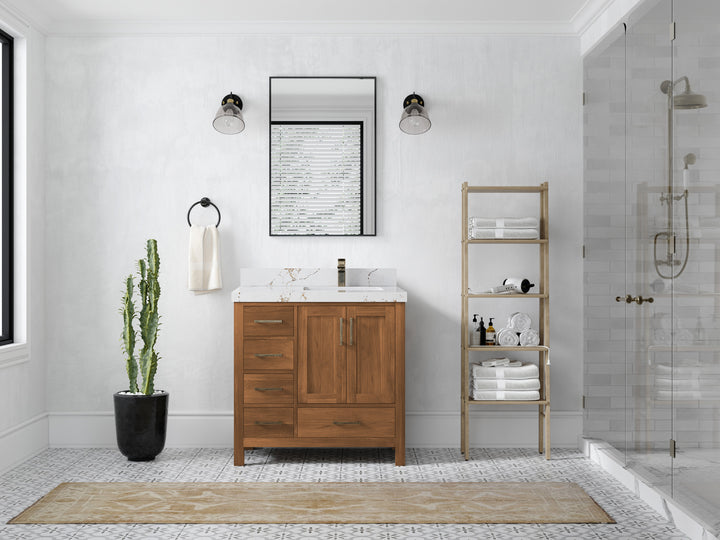 Malibu Teak Wood 36 in. W x 22 in. D Right Offset Sink Bathroom Vanity - photo 44
