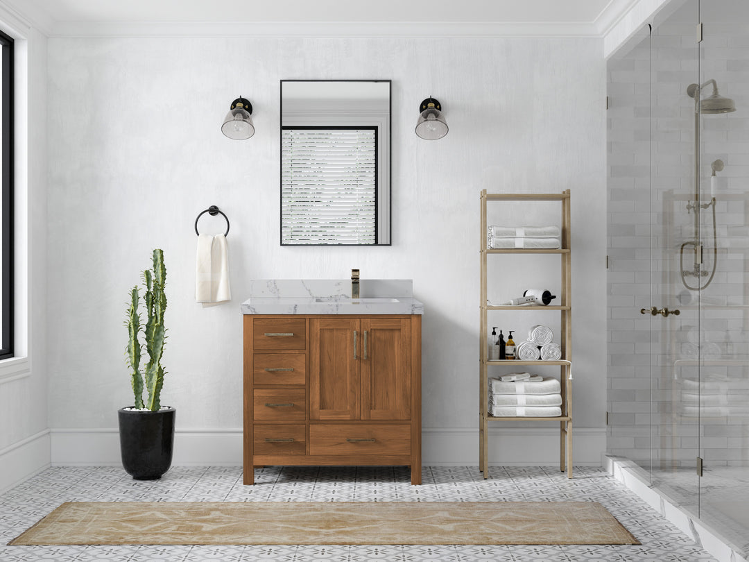 Malibu Teak Wood 36 in. W x 22 in. D Right Offset Sink Bathroom Vanity