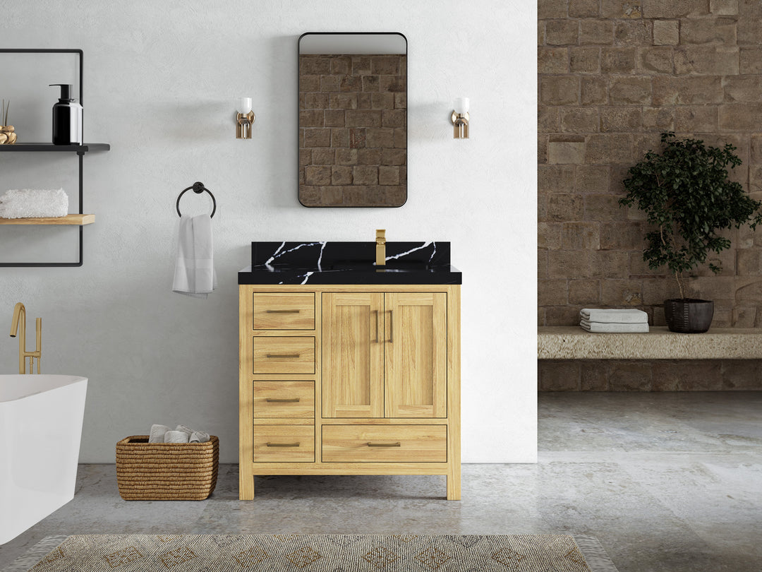 Malibu Teak Wood 36 in. W x 22 in. D Right Offset Sink Bathroom Vanity