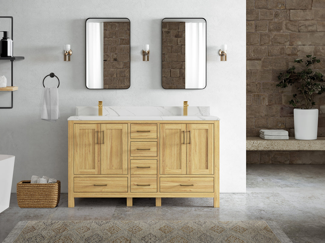 Malibu Teak Wood 60 in. W x 22 in. D Double Sink Bathroom Vanity