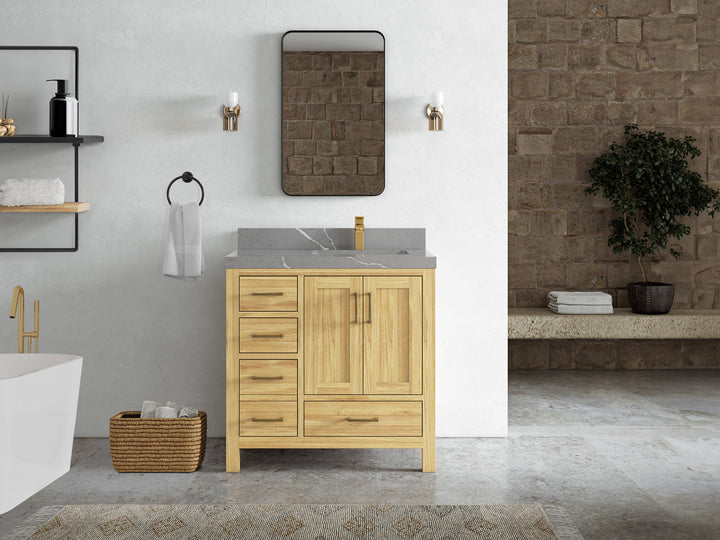 Malibu Teak Wood 36 in. W x 22 in. D Right Offset Sink Bathroom Vanity - photo 38