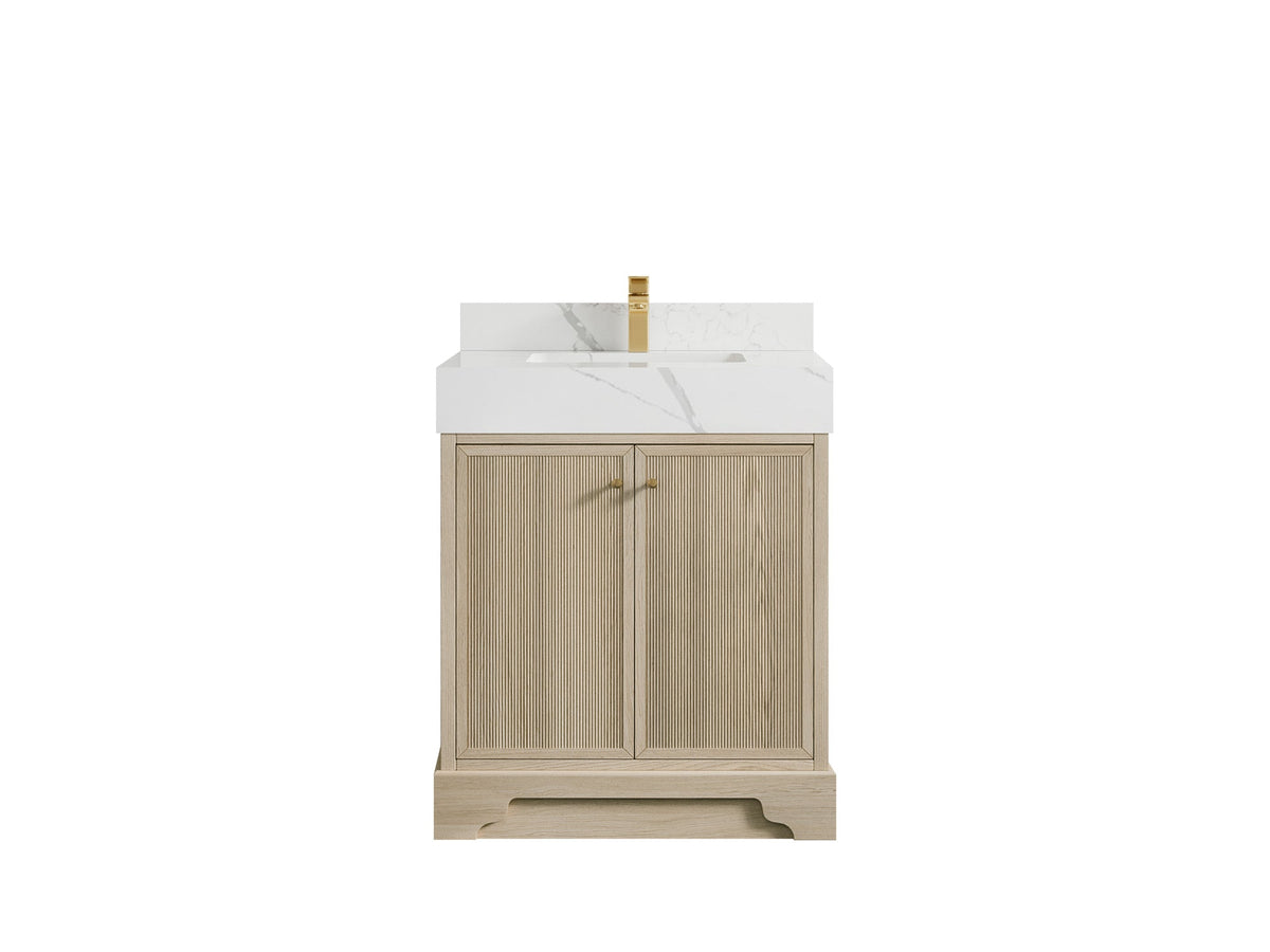 Manhattan Oak 30 in. W x 22 in. D Single Sink Bathroom Vanity in Nordic White with 5 in Calacatta Laza Quartz Countertop
