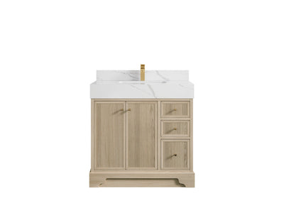 Manhattan Oak 36 in. W x 22 in. D Center Sink Bathroom Vanity in Nordic White with 5 in Calacatta Laza Quartz Countertop