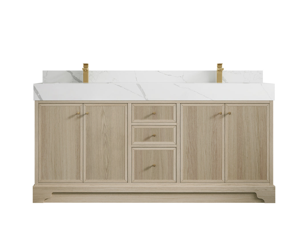 Manhattan Oak 72 in. W x 22 in. D Double Sink Bathroom Vanity in Nordic White with 5 in Calacatta Laza Quartz Countertop