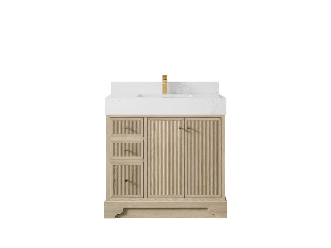 Manhattan Oak 36 in. W x 22 in. D Center Sink Bathroom Vanity in Nordic White with 5 in Empira White Quartz Countertop