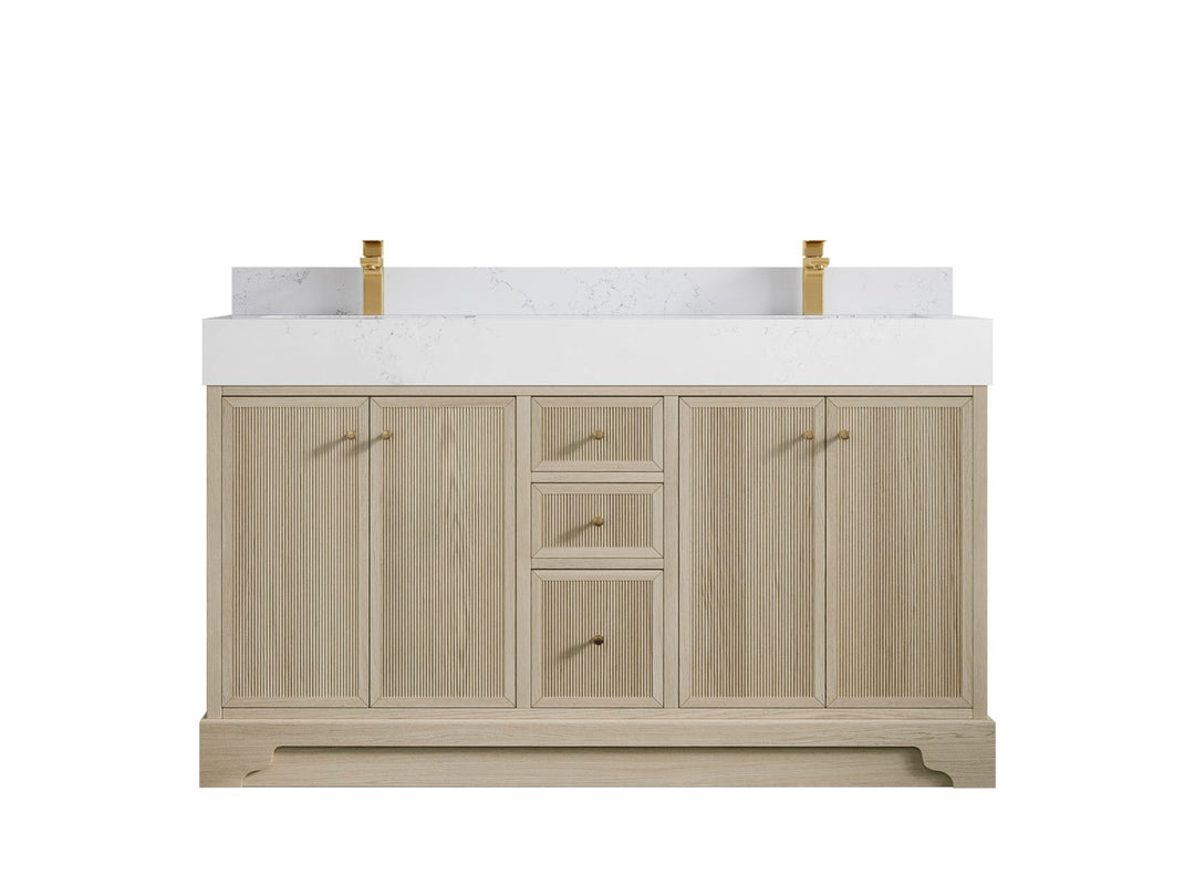 Manhattan Oak 60 in. W x 22 in. D Double Sink Bathroom Vanity in Nordic White with 5 in Empira White Quartz Countertop